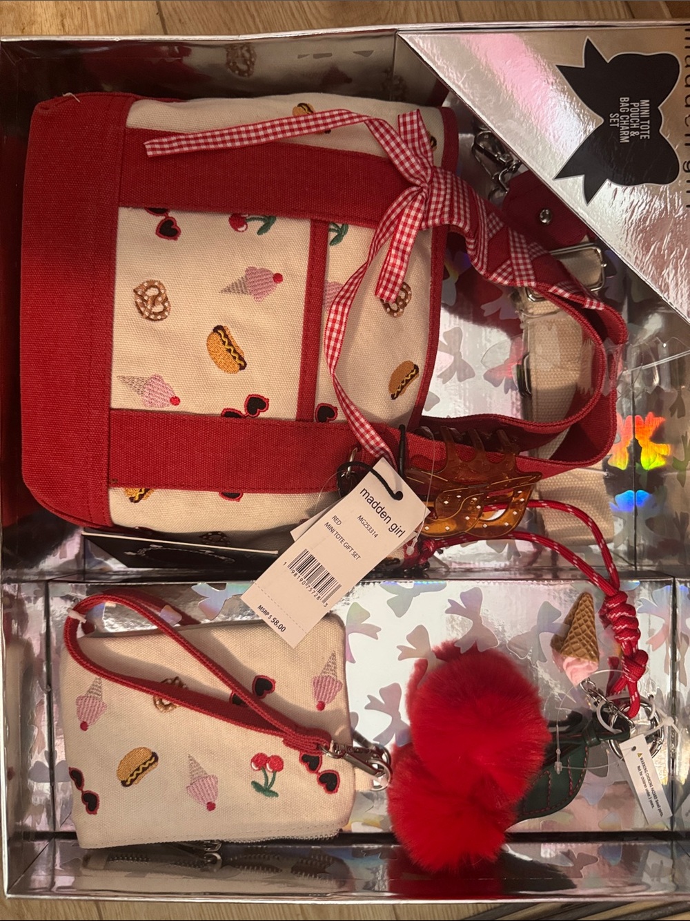 Madden Girl Cream Crossbody with Red Trim and Snack Print